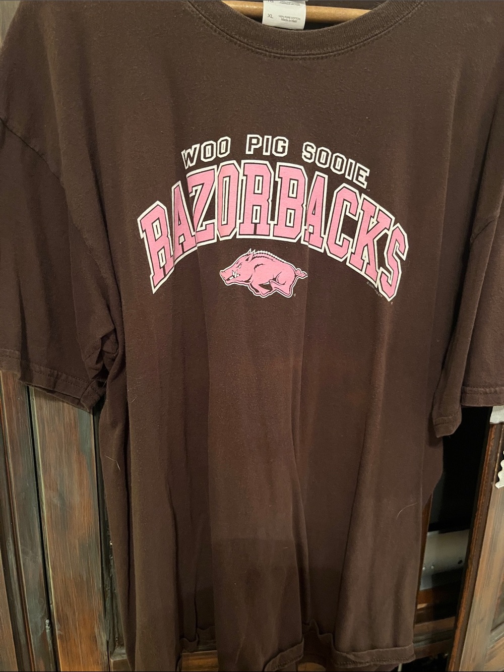 Gildan Brown Razorbacks Graphic Tee with Pink Logo